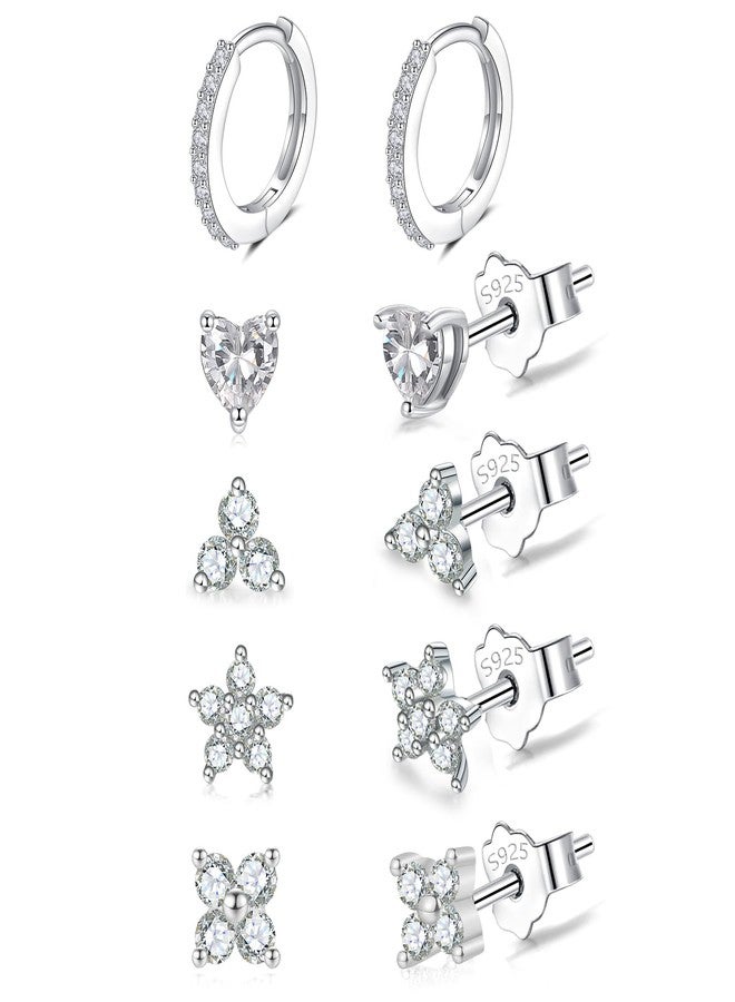 EPIRORA 925 Sterling Silver Stud Earrings Set for Women Men, Hypoallergenic Cubic Zirconia Flower Stud Cartilage Helix Earrings, 5 Pairs Different Sizes Silver Hoop Earring Studs Sets for Multiple Piercing - Image 1